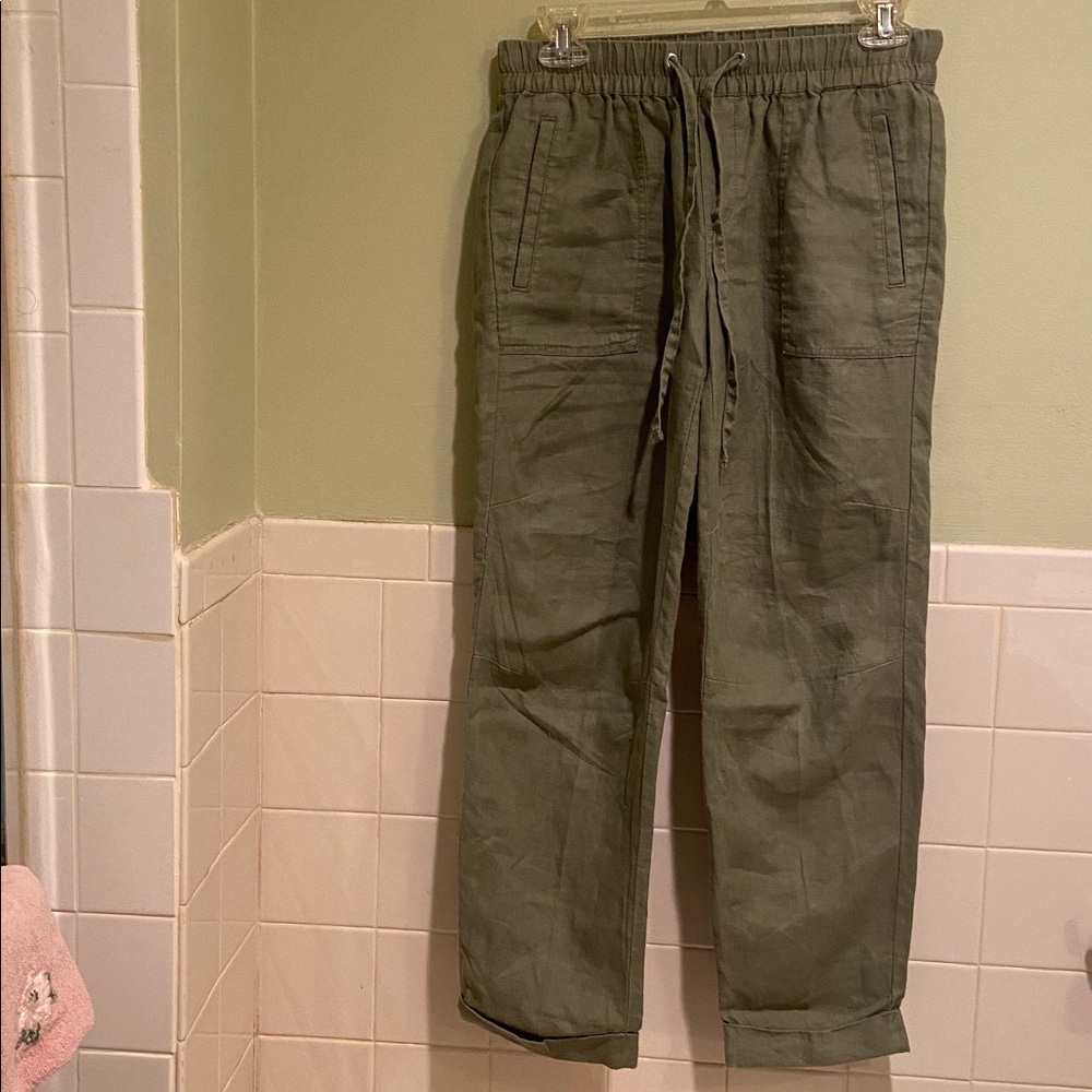 🌺Lord & Taylor PXS Olive Green Linen Pants Rolled Cuff Pull‎ On Pocket Minimal